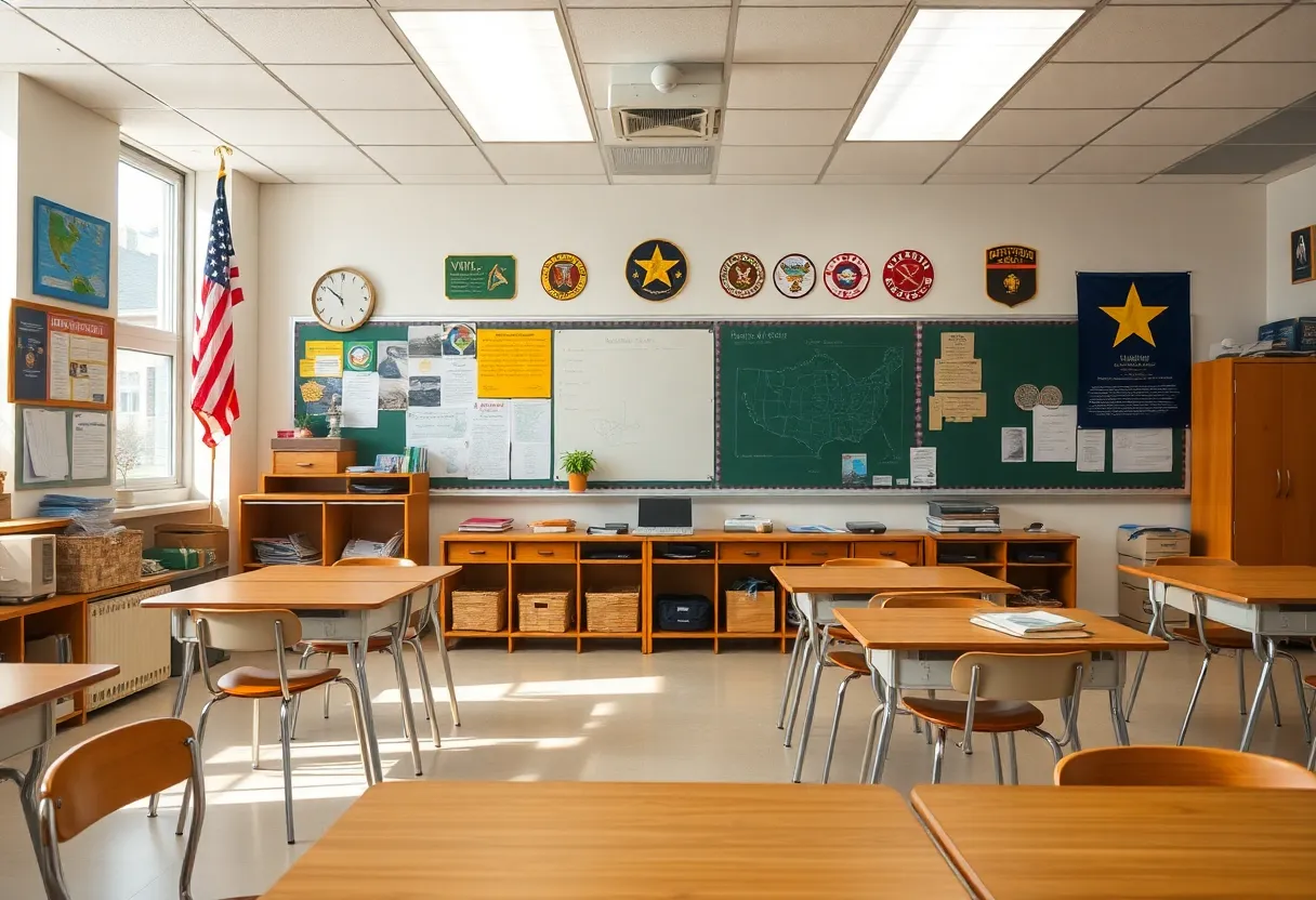A classroom filled with educational resources and military symbols.