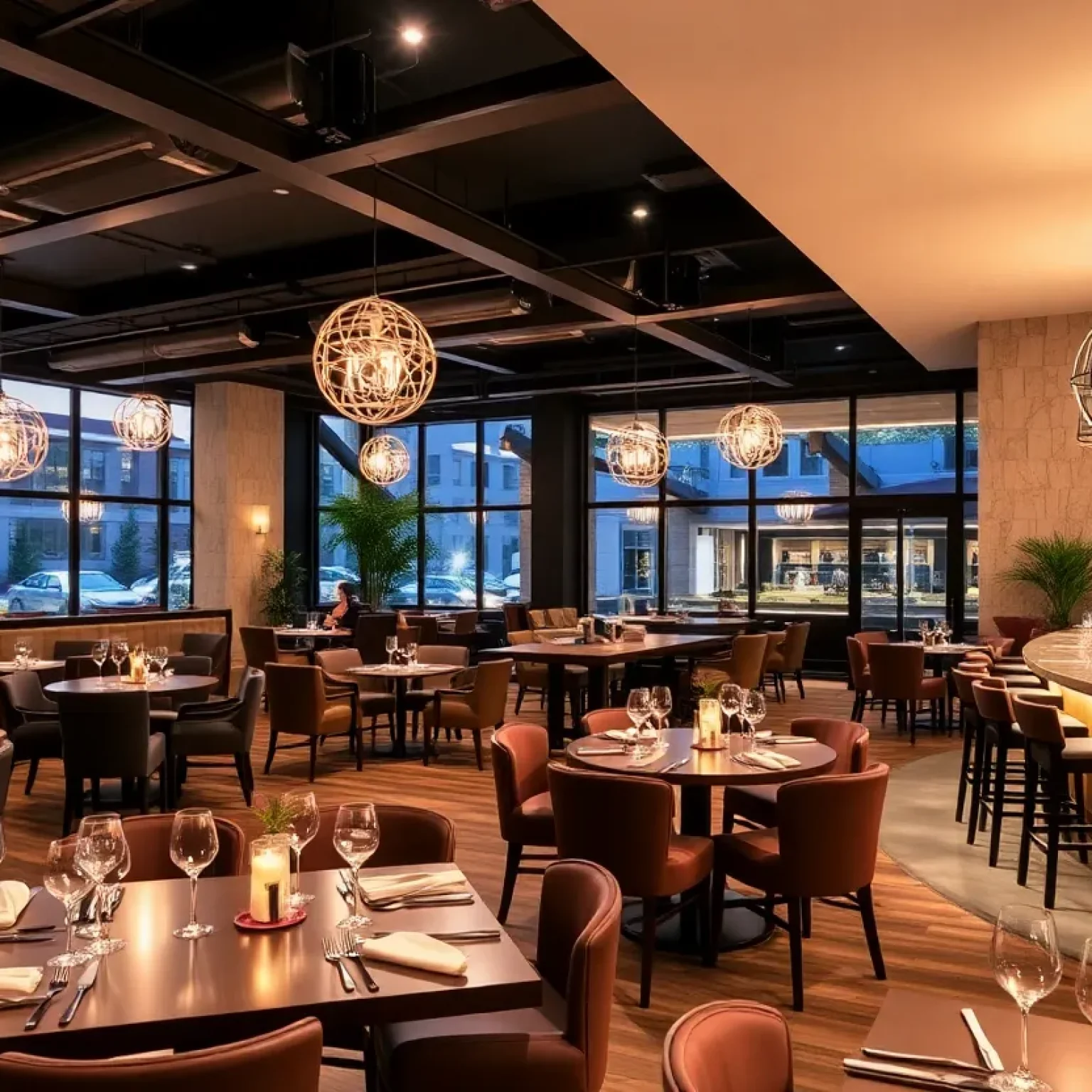 Interior view of The SV Lounge with an outdoor patio and sophisticated decor