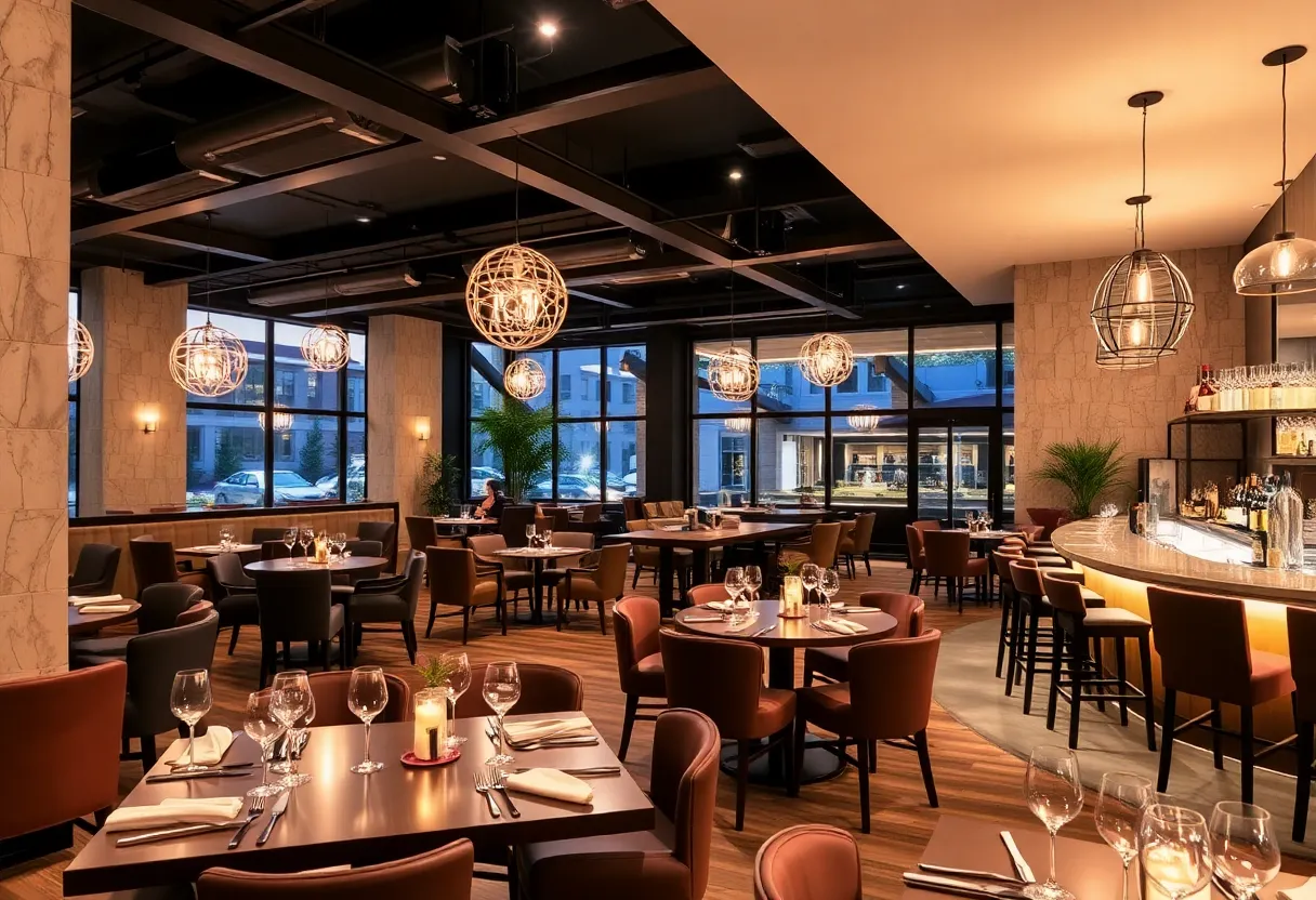Interior view of The SV Lounge with an outdoor patio and sophisticated decor