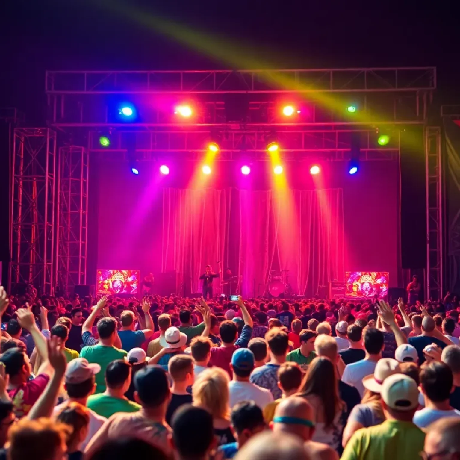 An energetic music festival with a diverse audience enjoying a live performance.