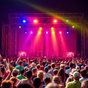 An energetic music festival with a diverse audience enjoying a live performance.