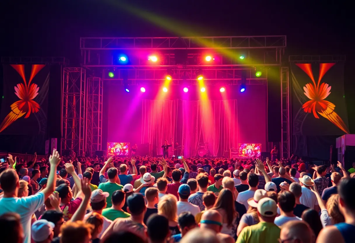An energetic music festival with a diverse audience enjoying a live performance.