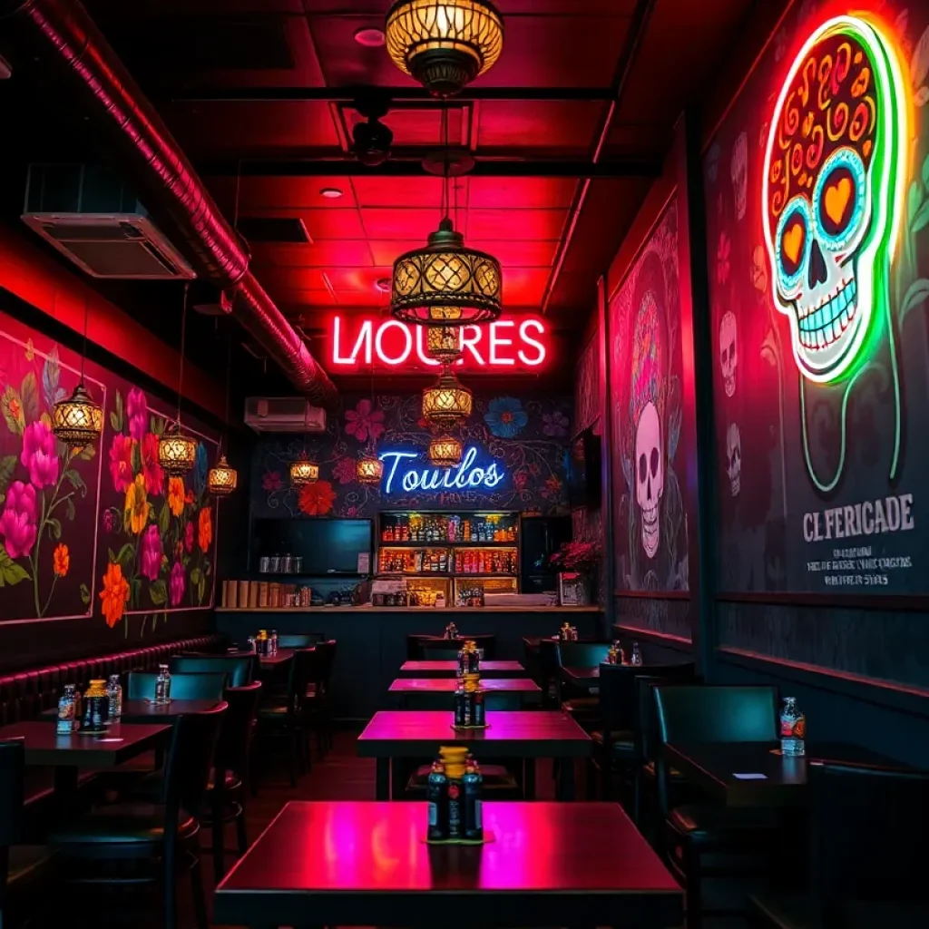 Vibrant interior of Talkin' Tacos with colorful murals