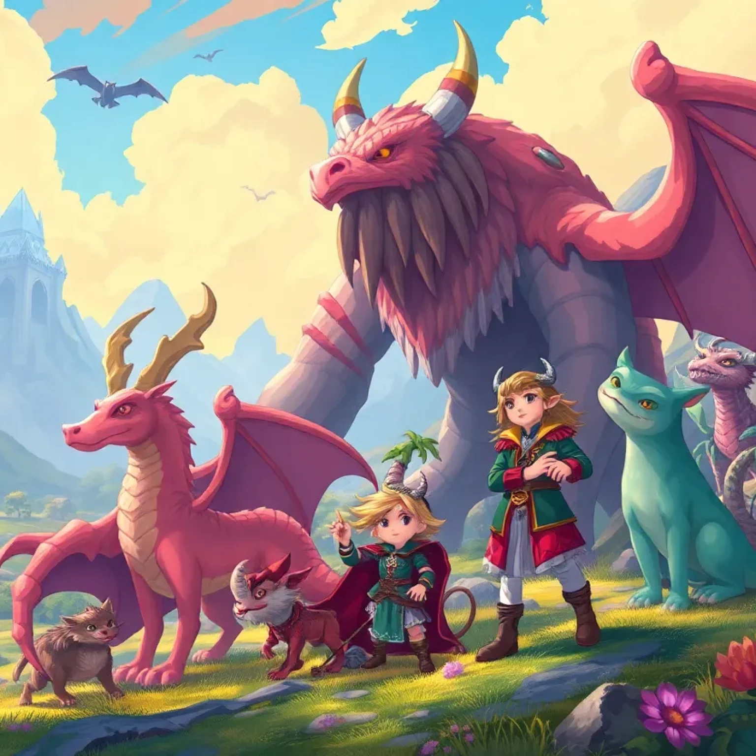 Fantasy landscape with mystical creatures and a heroic character