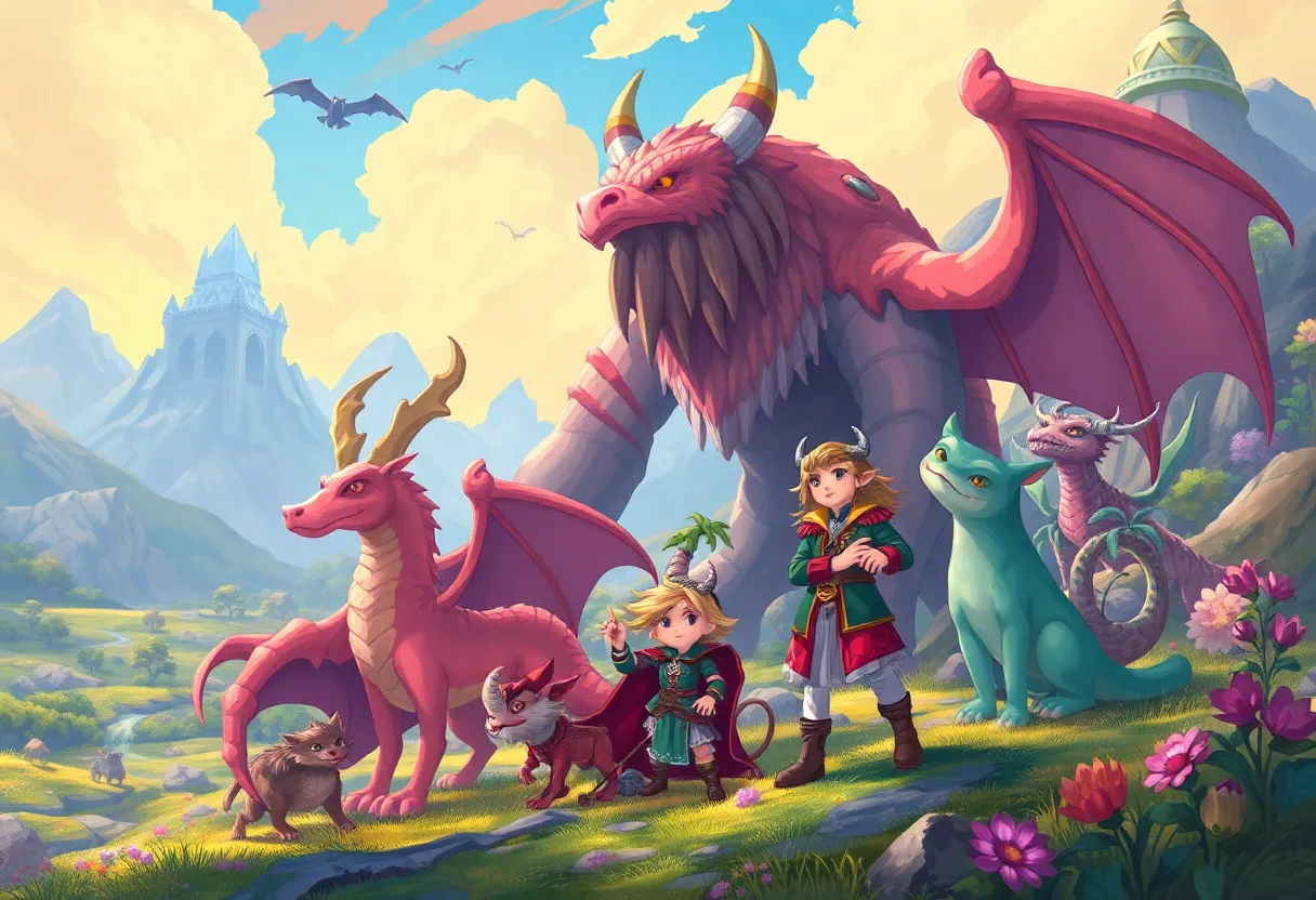 Fantasy landscape with mystical creatures and a heroic character