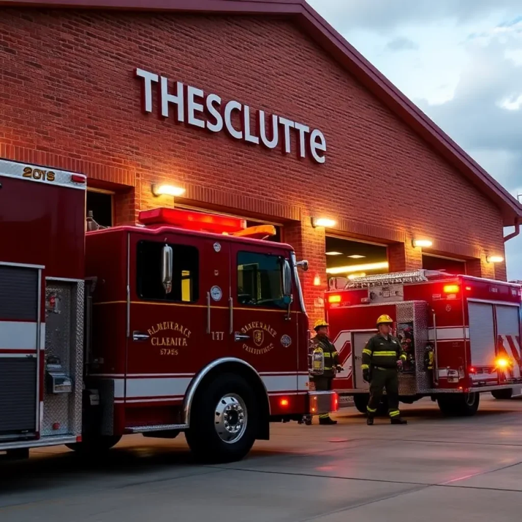 Tallahassee fire station with firefighters and emergency vehicles