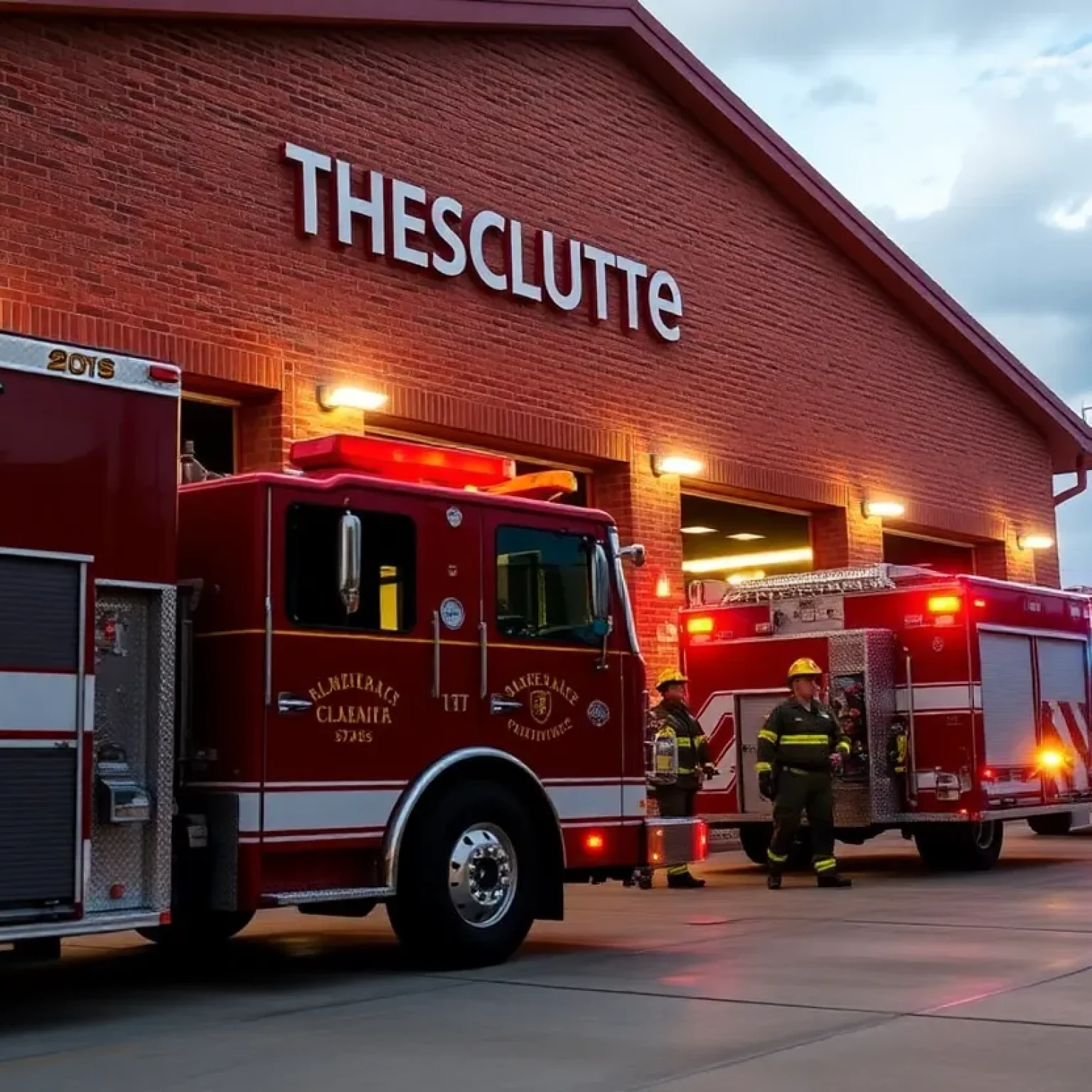 Tallahassee fire station with firefighters and emergency vehicles