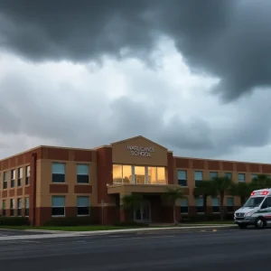 Dark storm clouds gather over a Tallahassee school as Hurricane Helene approaches.