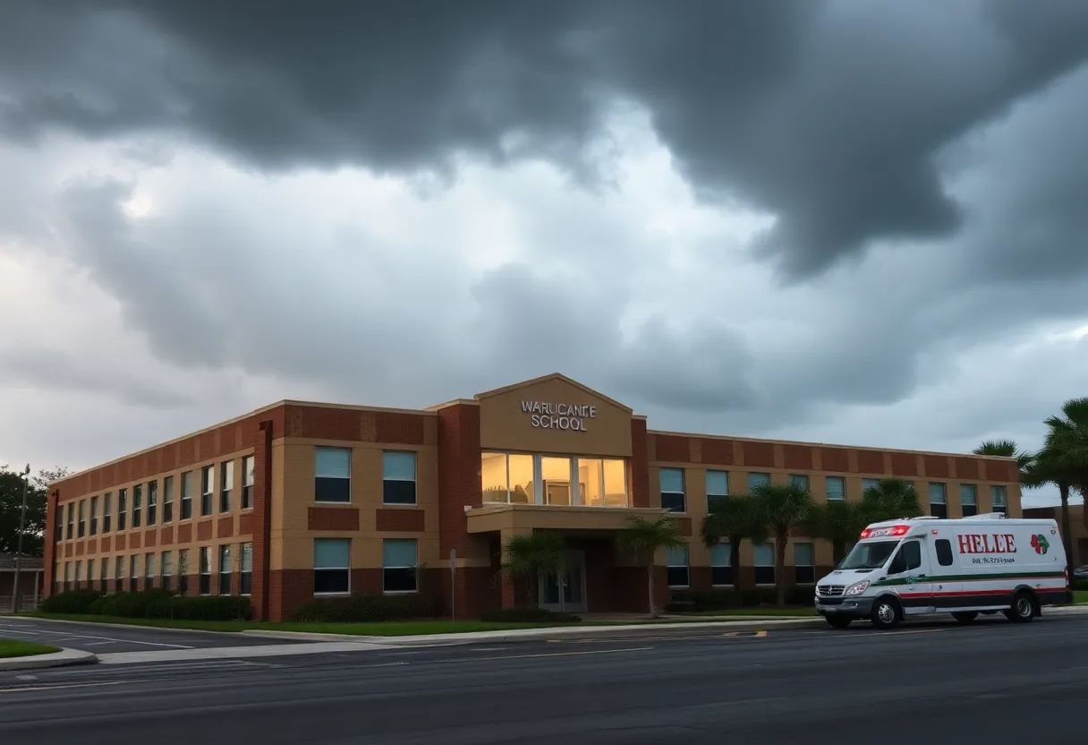 Dark storm clouds gather over a Tallahassee school as Hurricane Helene approaches.