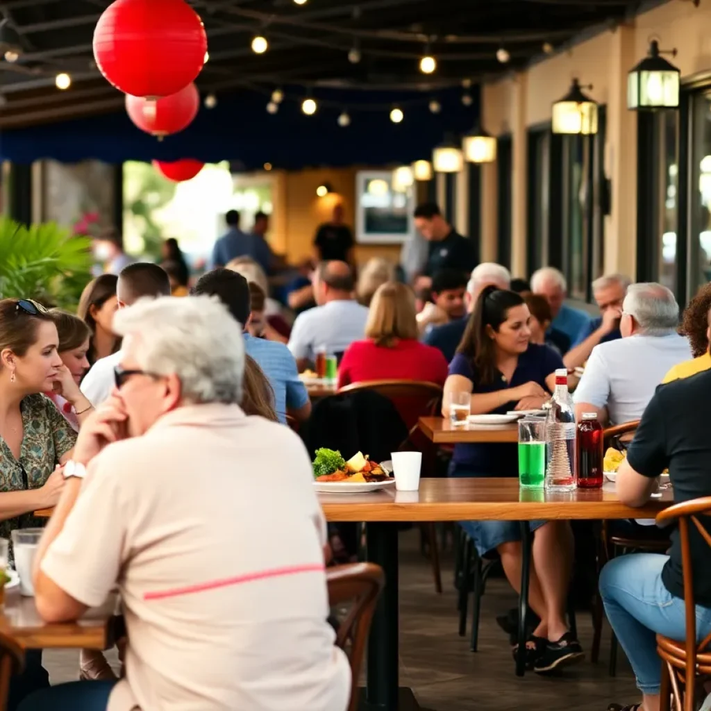 Outdoor dining scene at a Tallahassee restaurant with patrons enjoying meals