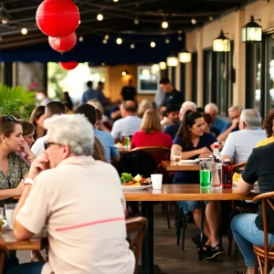 Outdoor dining scene at a Tallahassee restaurant with patrons enjoying meals
