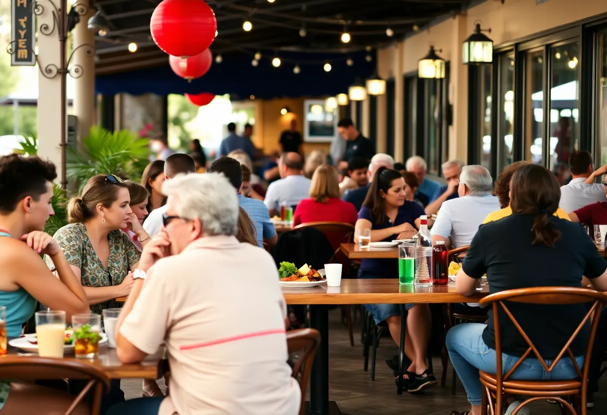 Outdoor dining scene at a Tallahassee restaurant with patrons enjoying meals