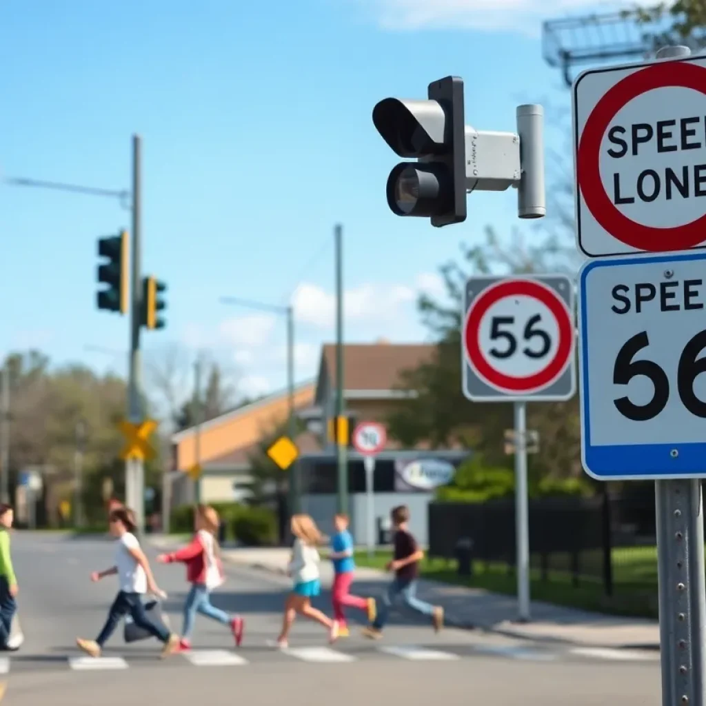 School zone with speed cameras and children crossing safely.
