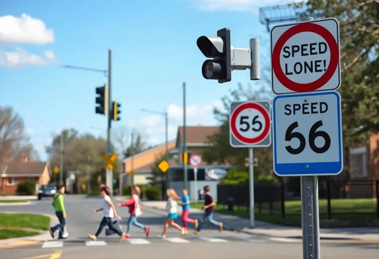 School zone with speed cameras and children crossing safely.