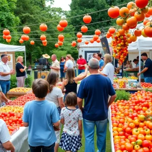 Families enjoying the Tallahassee Tomato Feastival with tomato displays and activities.