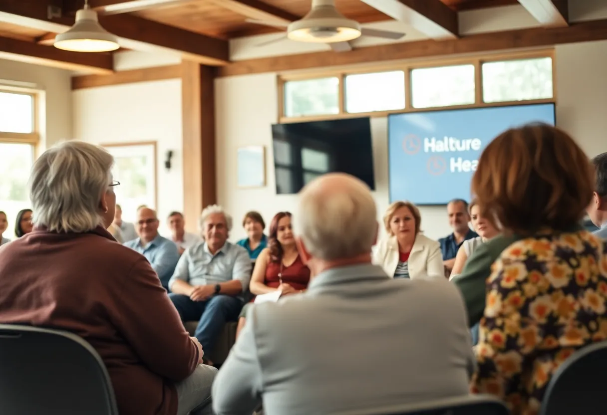 Community members engaging in a town hall meeting about healthcare in Tallahassee.