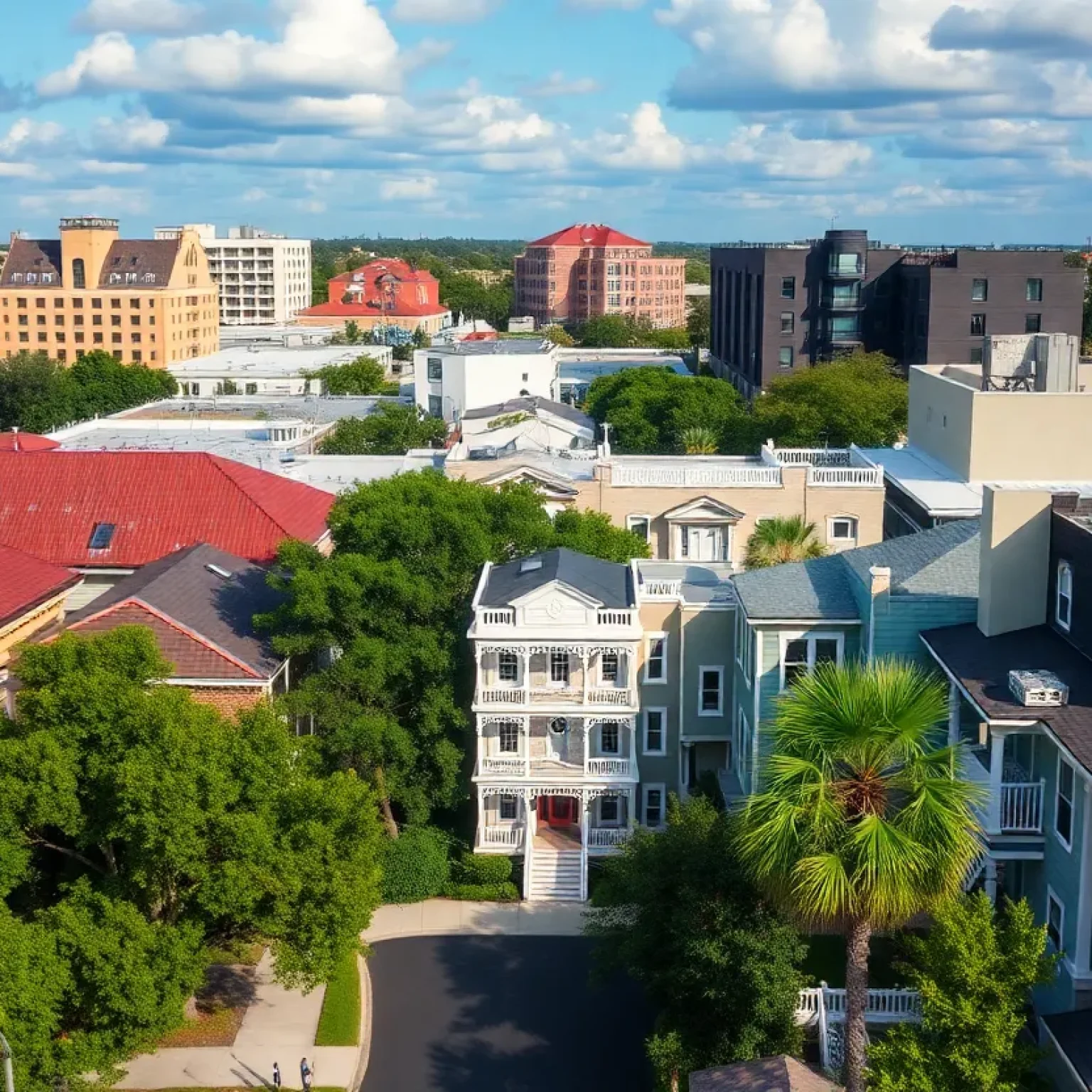 Urban neighborhood in Tallahassee with historic and modern buildings