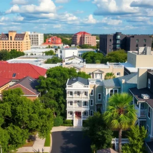 Urban neighborhood in Tallahassee with historic and modern buildings
