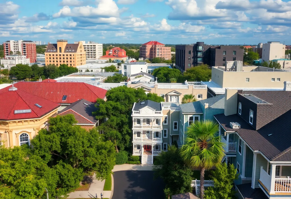 Urban neighborhood in Tallahassee with historic and modern buildings