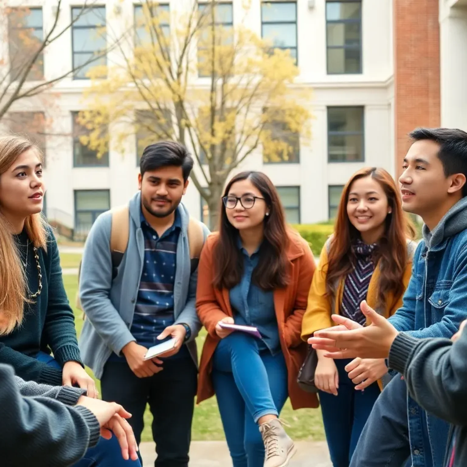 Diverse university students discussing safety and cultural understanding