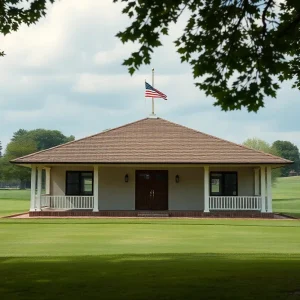 Serene view of a golf course with an empty clubhouse