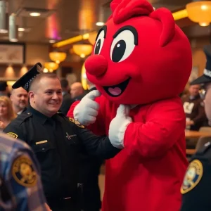 Police removing a restaurant mascot costume in a family restaurant.