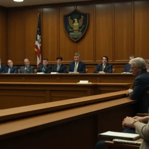 Courtroom interior showing the prosecution of child exploitation cases.