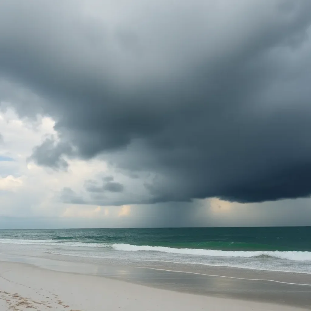 Cloudy Florida beach scene indicating potential rain for the Fourth of July