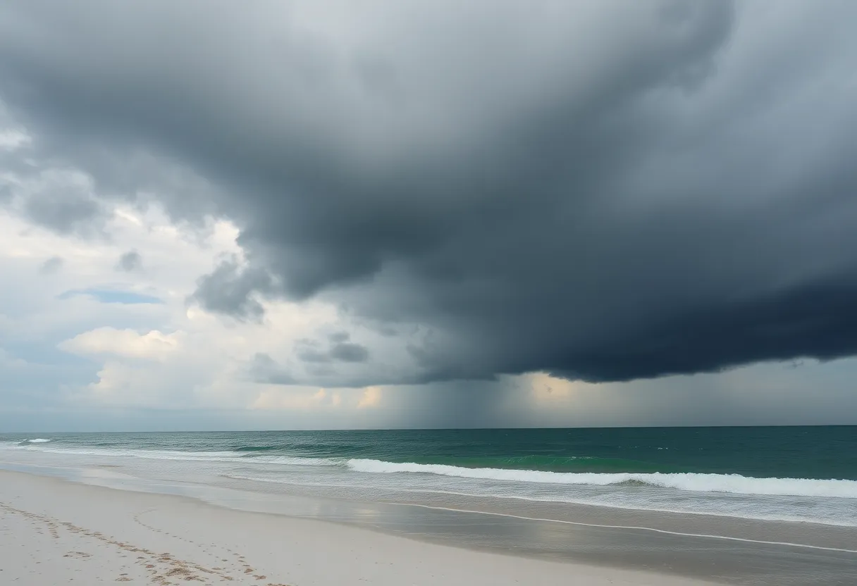Cloudy Florida beach scene indicating potential rain for the Fourth of July