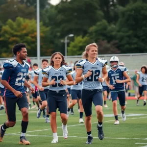 A group of young football players practicing on a field