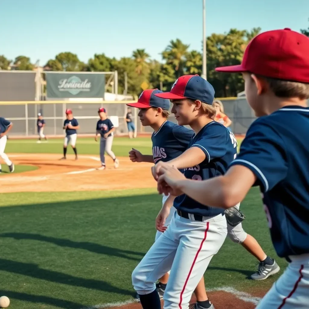 Young baseball players training on the field