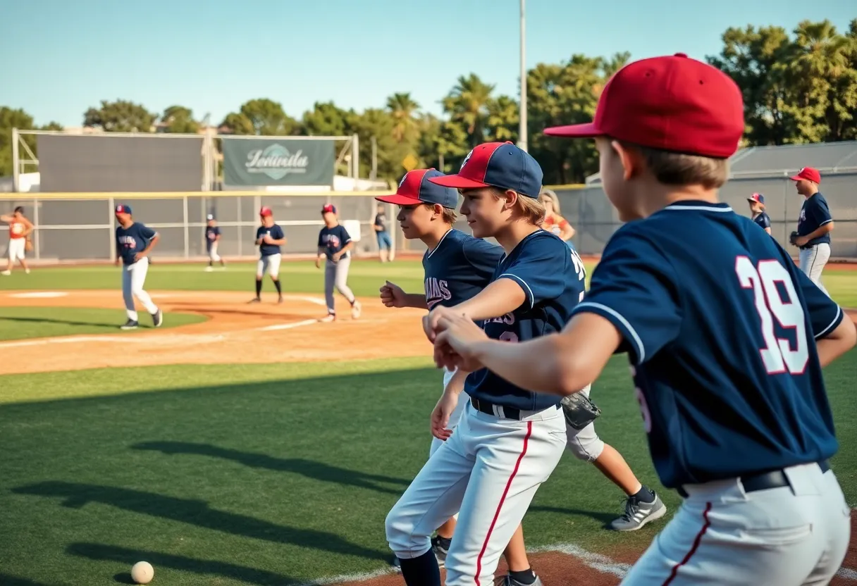 Young baseball players training on the field