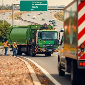 Workers cleaning up a waste spill from a garbage truck on the shoulder of Interstate 10.