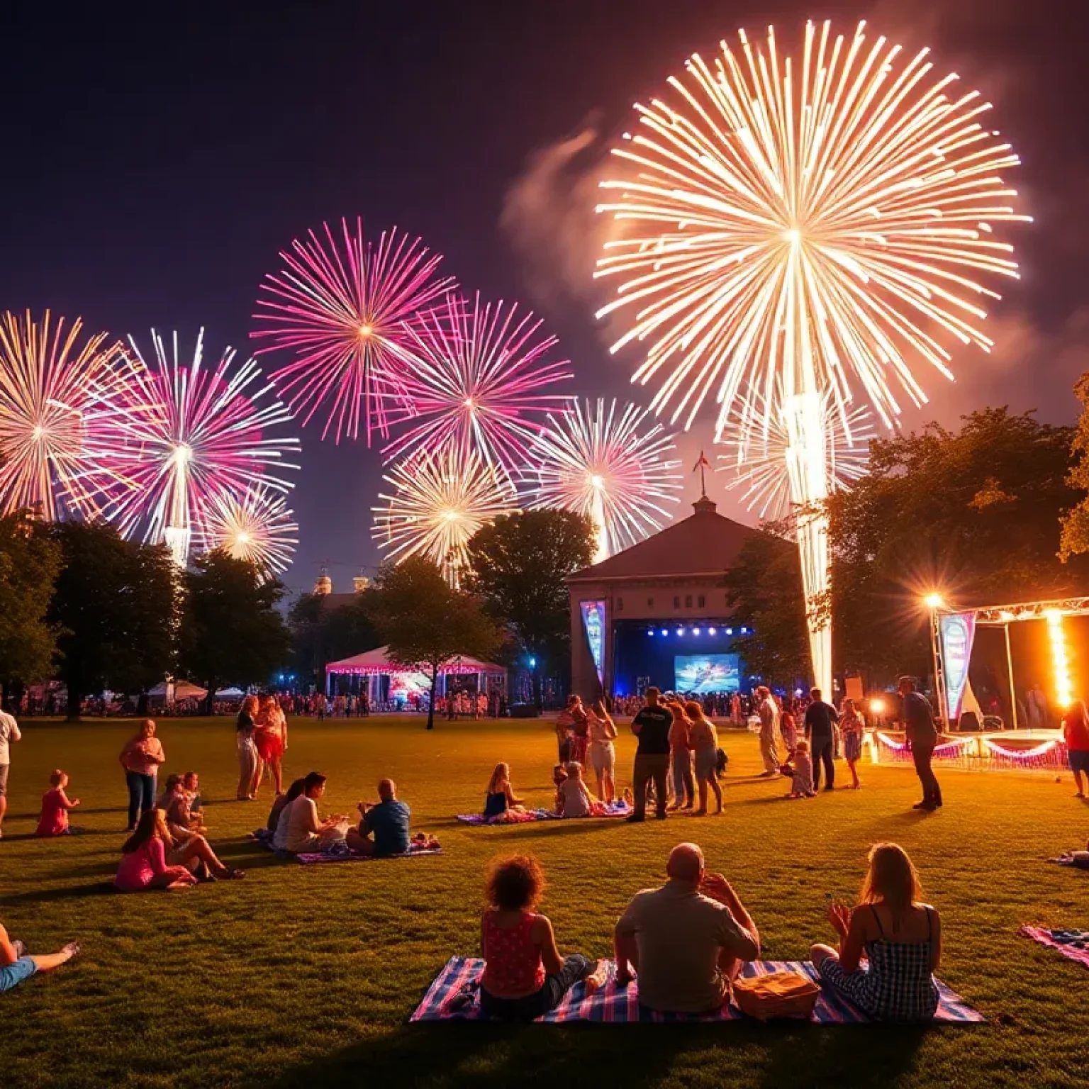 Fireworks lighting up the night sky over a park during Independence Day celebration