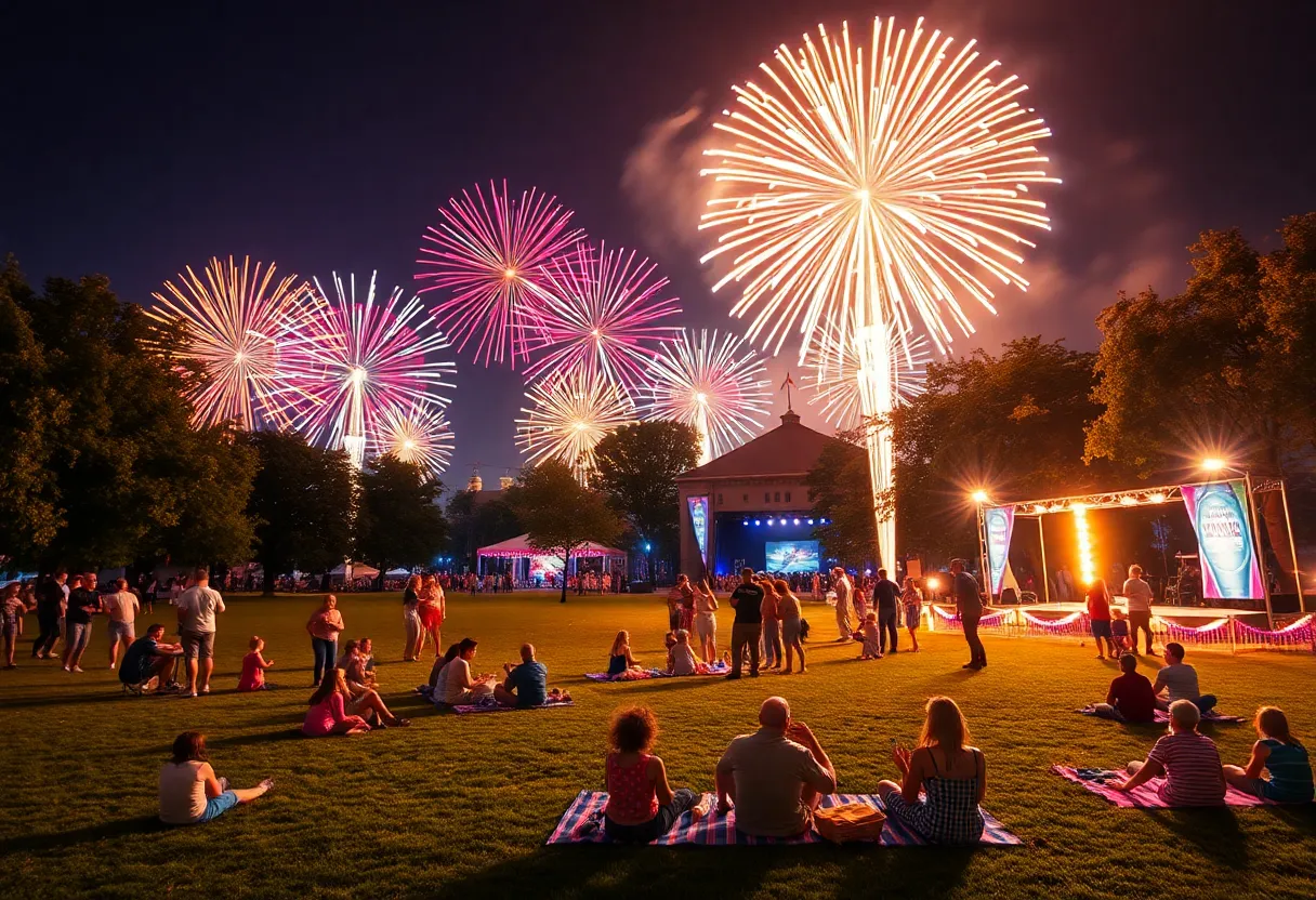 Fireworks lighting up the night sky over a park during Independence Day celebration