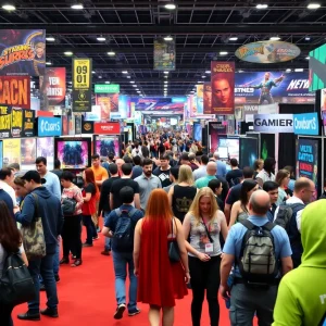 Wide view of Infinity Con showcasing attendees in cosplay and various themed zones.