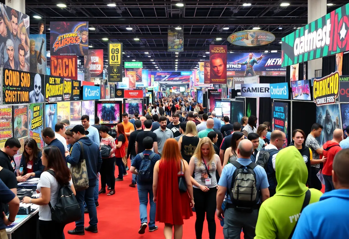 Wide view of Infinity Con showcasing attendees in cosplay and various themed zones.