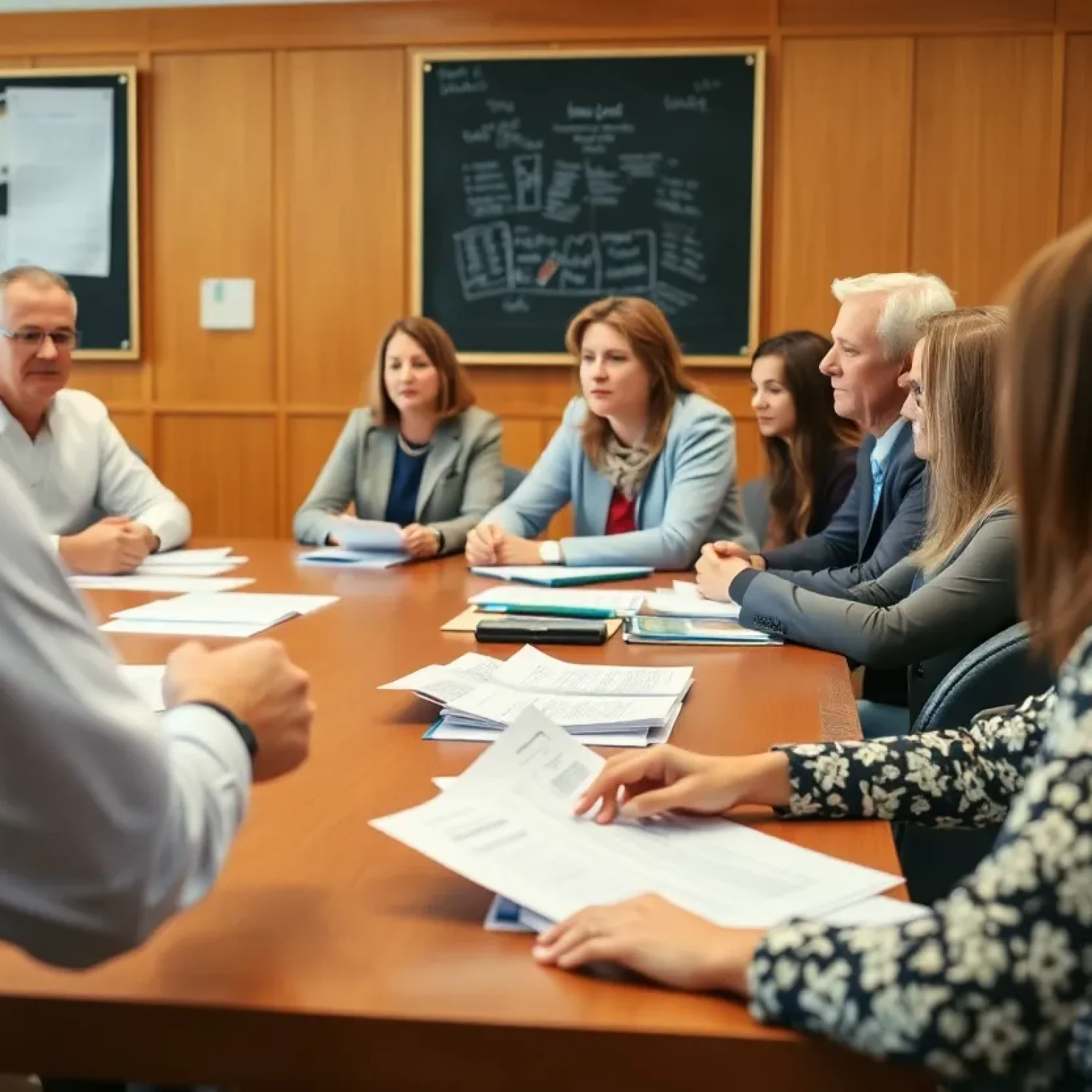 School board meeting discussing budget issues