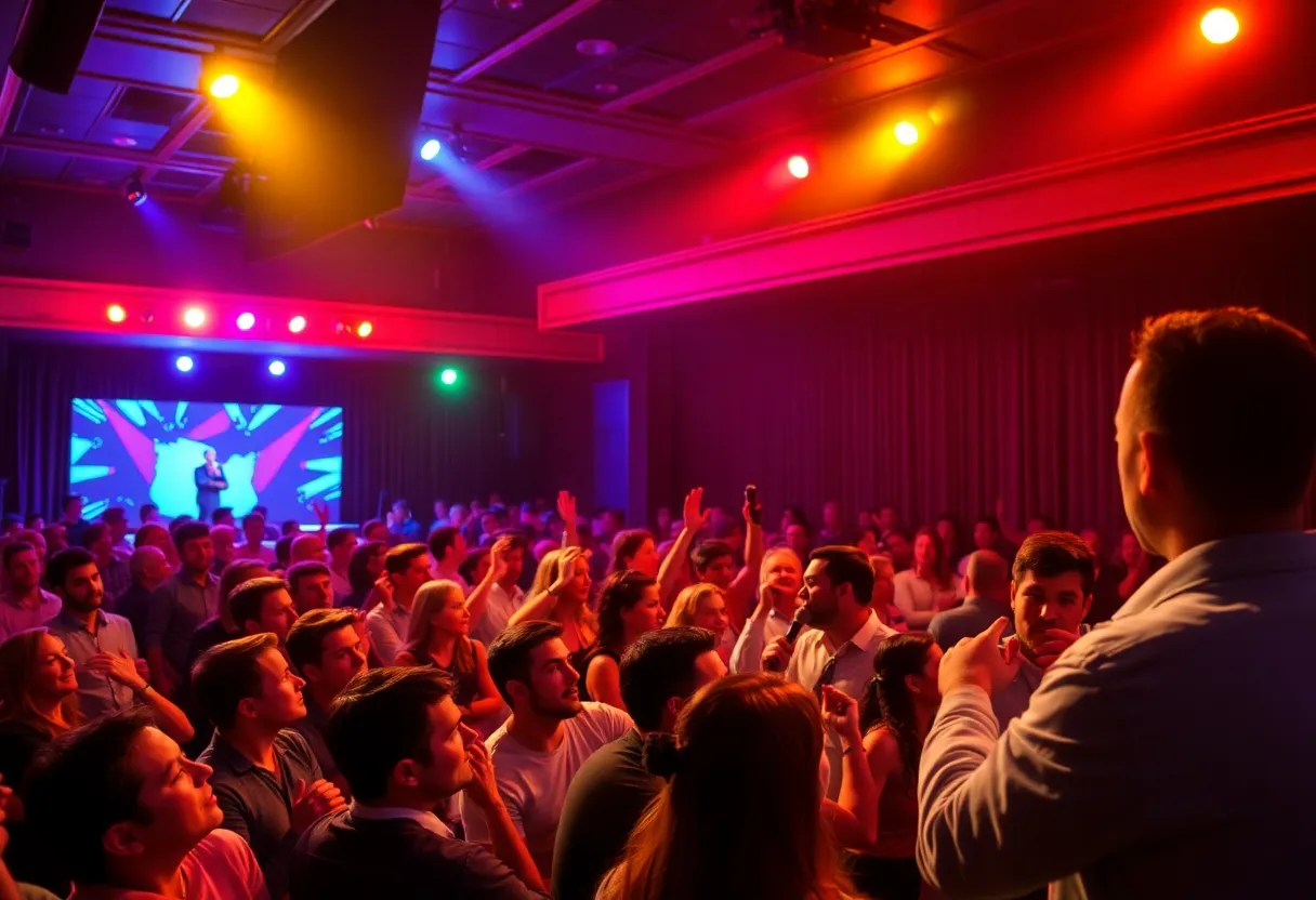 A packed auditorium during a comedy show with vibrant lighting and an engaged audience