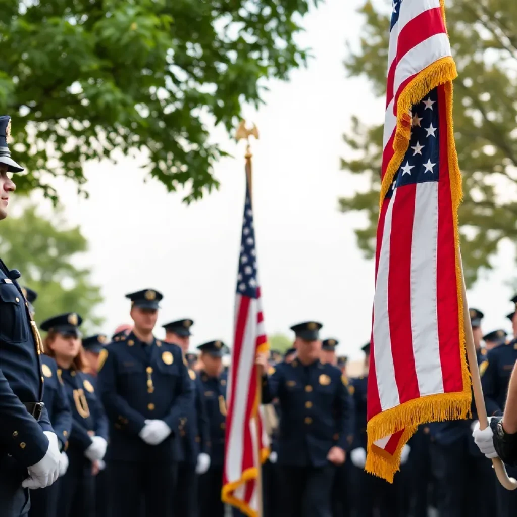 Ceremony honoring Officer Ponce de Leon with police officers and community members.