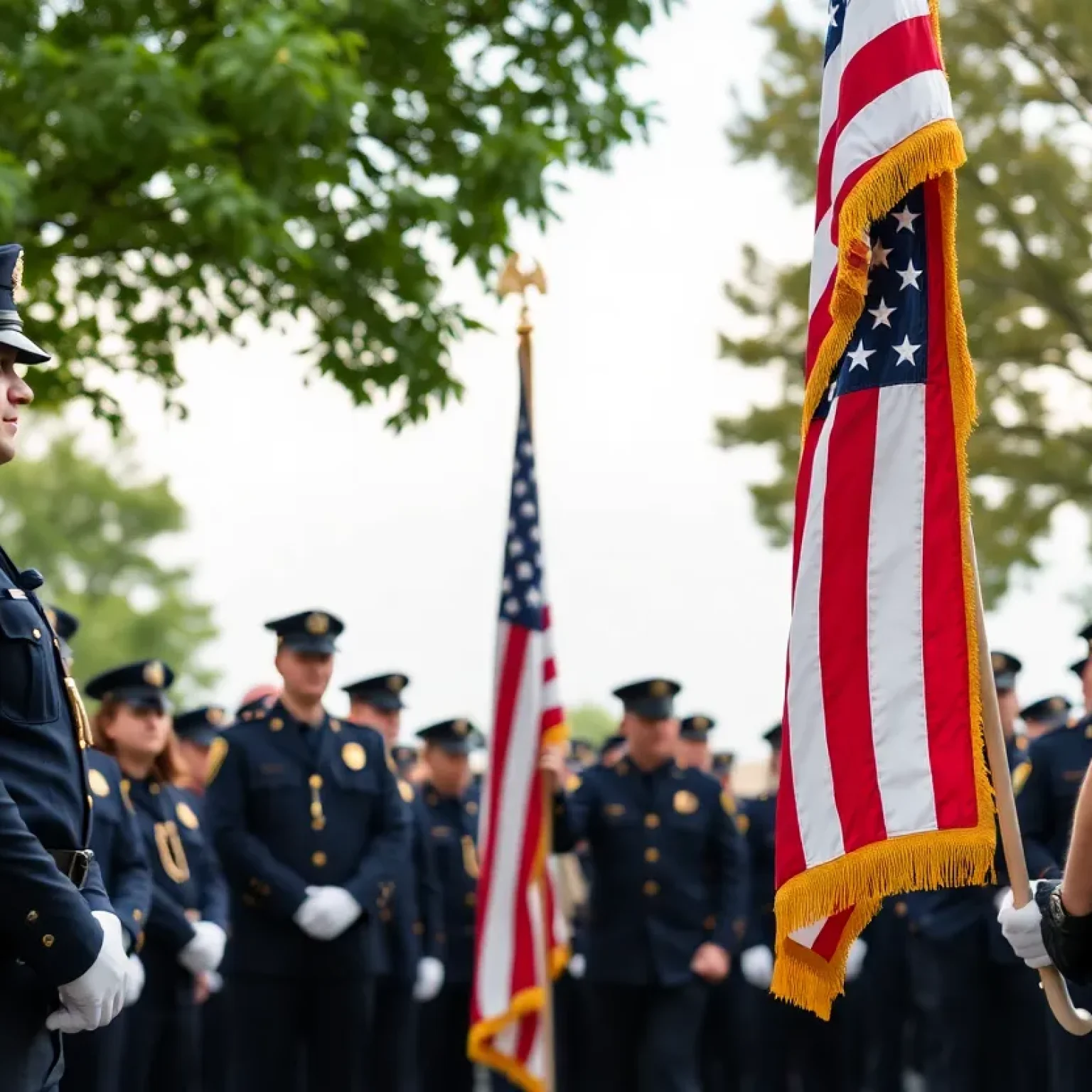 Ceremony honoring Officer Ponce de Leon with police officers and community members.