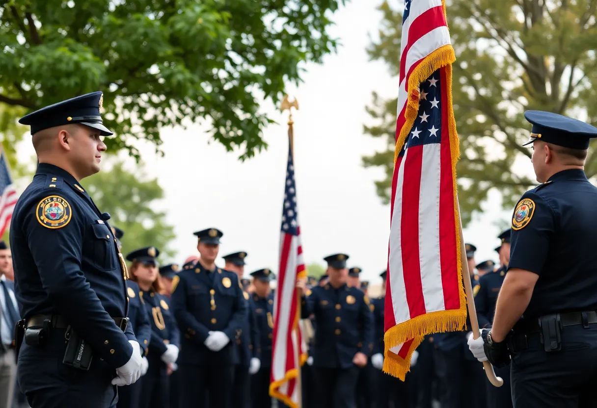 Ceremony honoring Officer Ponce de Leon with police officers and community members.