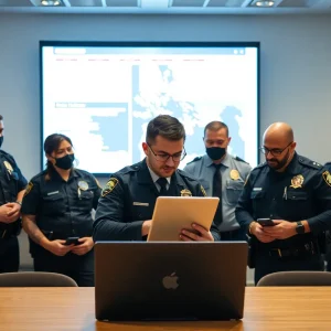 Law enforcement officers collaborating on online child safety