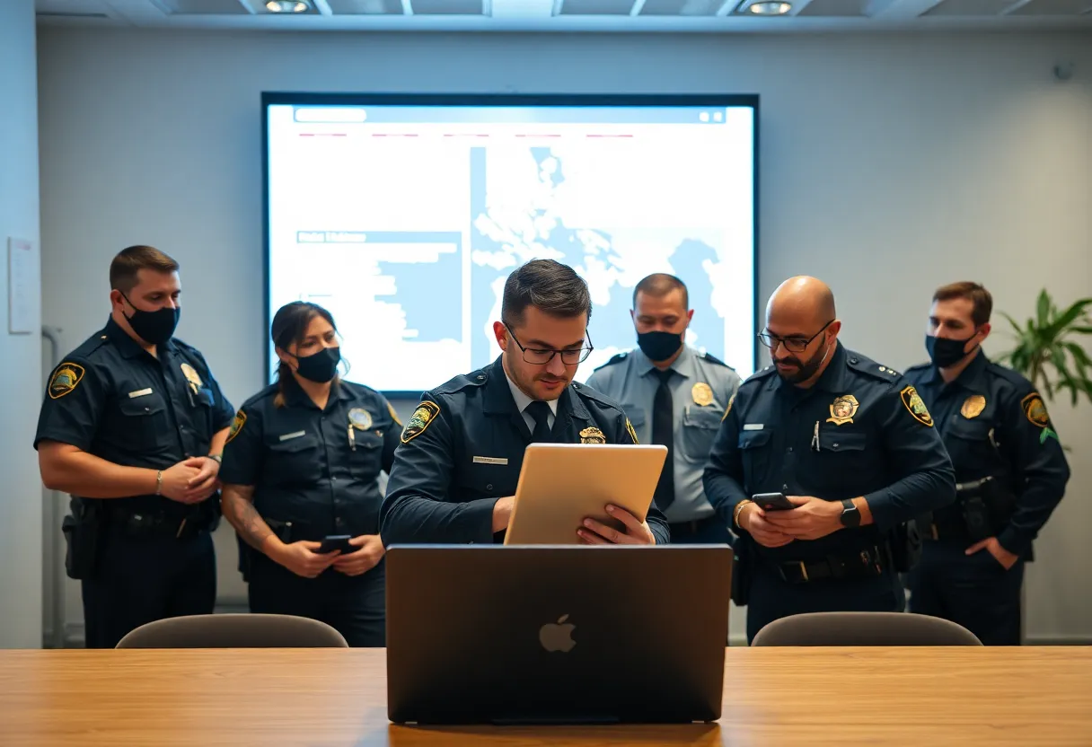 Law enforcement officers collaborating on online child safety