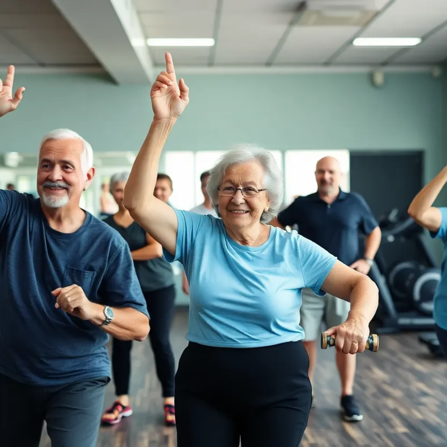 Seniors exercising in a fitness center, displaying strength and resilience.