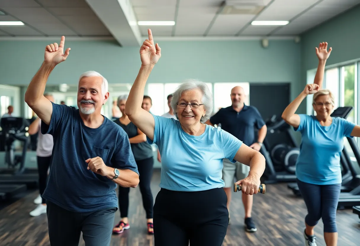 Seniors exercising in a fitness center, displaying strength and resilience.