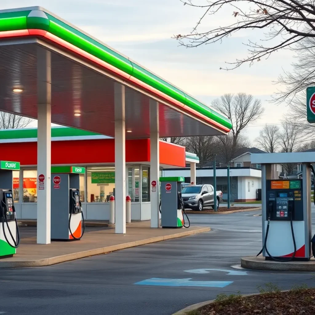 Conceptual image of a SkyLine gas station with convenience store and gas pumps.