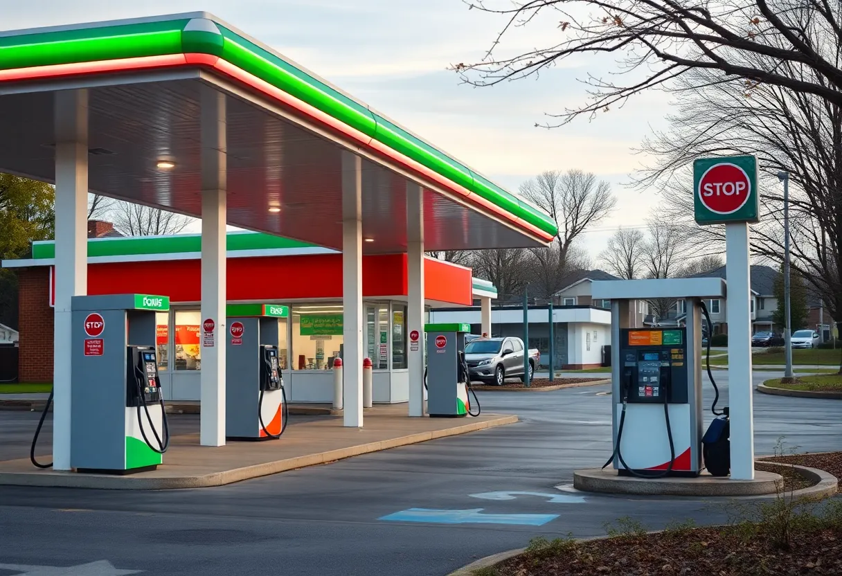 Conceptual image of a SkyLine gas station with convenience store and gas pumps.