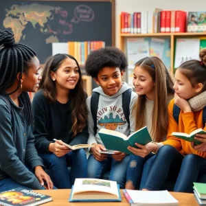 Students discussing identity support in a classroom.