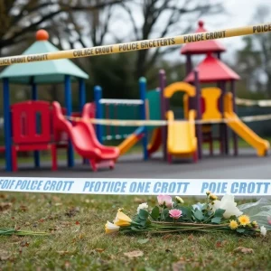 Playground with police tape and flowers in memory of a child.